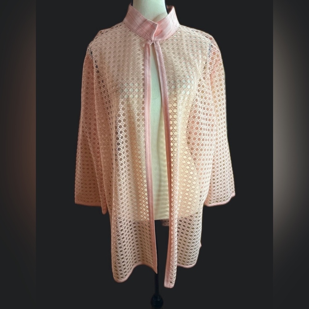 Ming Wang Women’s Heritage Fit Mandarin Neck Lace Jacket, Peach, XL